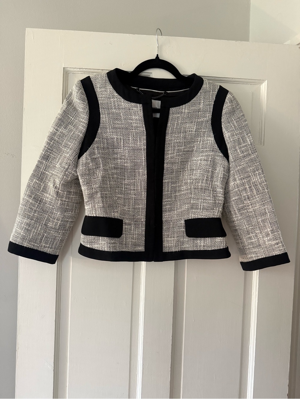 L.K. Bennett Tweed Collarless Jacket Blazer Black White US 4